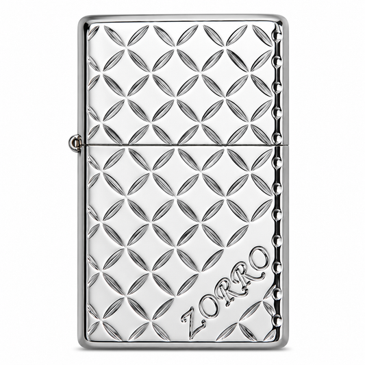 Zorro Silver Check Flip Lid Lighter Gift Box Set with 16ML Fluid Refill