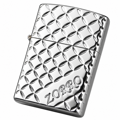 Zorro Silver Check Flip Lid Lighter Gift Box Set with 16ML Fluid Refill