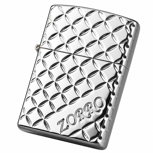 Zorro Silver Check Flip Lid Lighter Gift Box Set with 16ML Fluid Refill