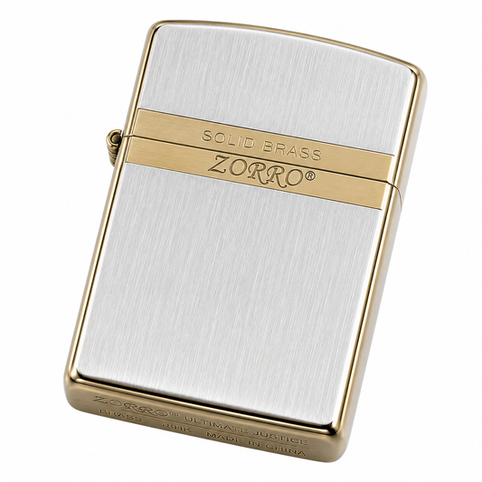 Zorro Silver Line Side Gold Brass Flip Lid Lighter Gift Box Set with 16ML Fluid Refill